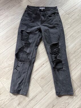 Washed Black Distressed Mom Jeans